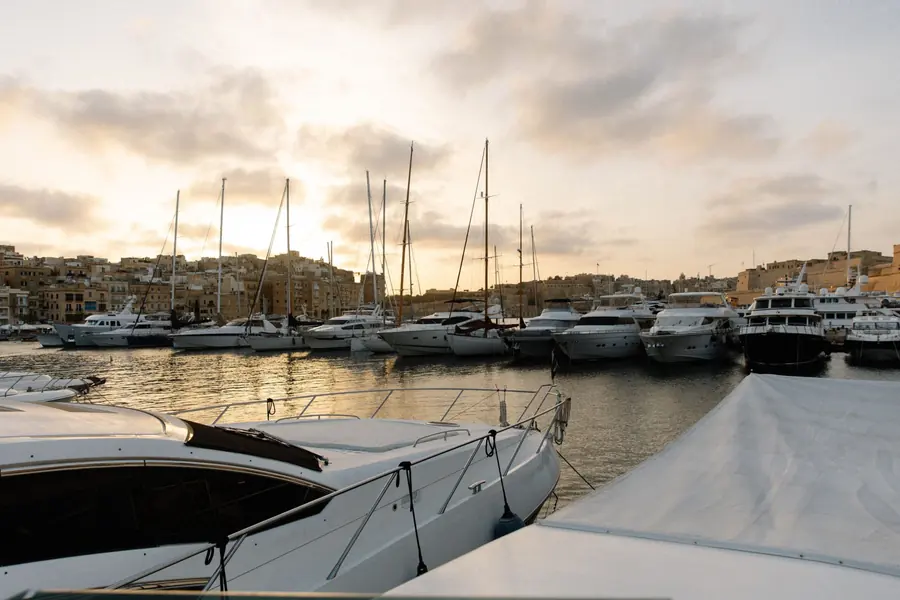Sunset over Grand Harbour Marina seen from the flybridge